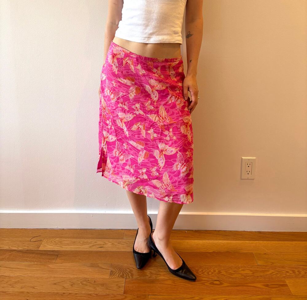 vintage pink butterfly y2k fairy core silk midi knee length skirt